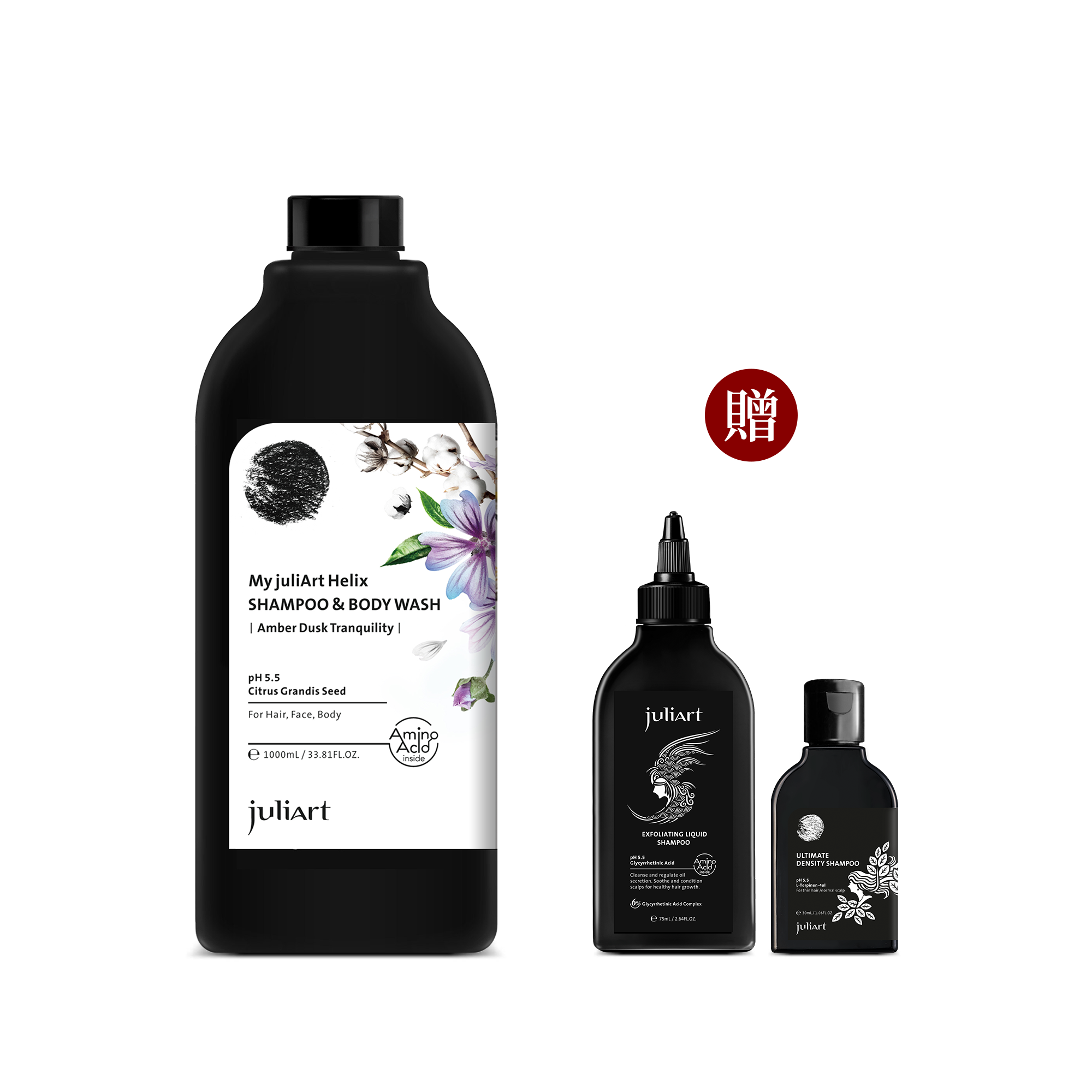 juliArt覺亞 3in1洗髮沐浴露(珀光柔暮) 1000mL 贈 甘草次酸角質淨化液(經典版) 75mL + 希沛絲蘊髮洗髮精(油性)30mL  ▶70C002